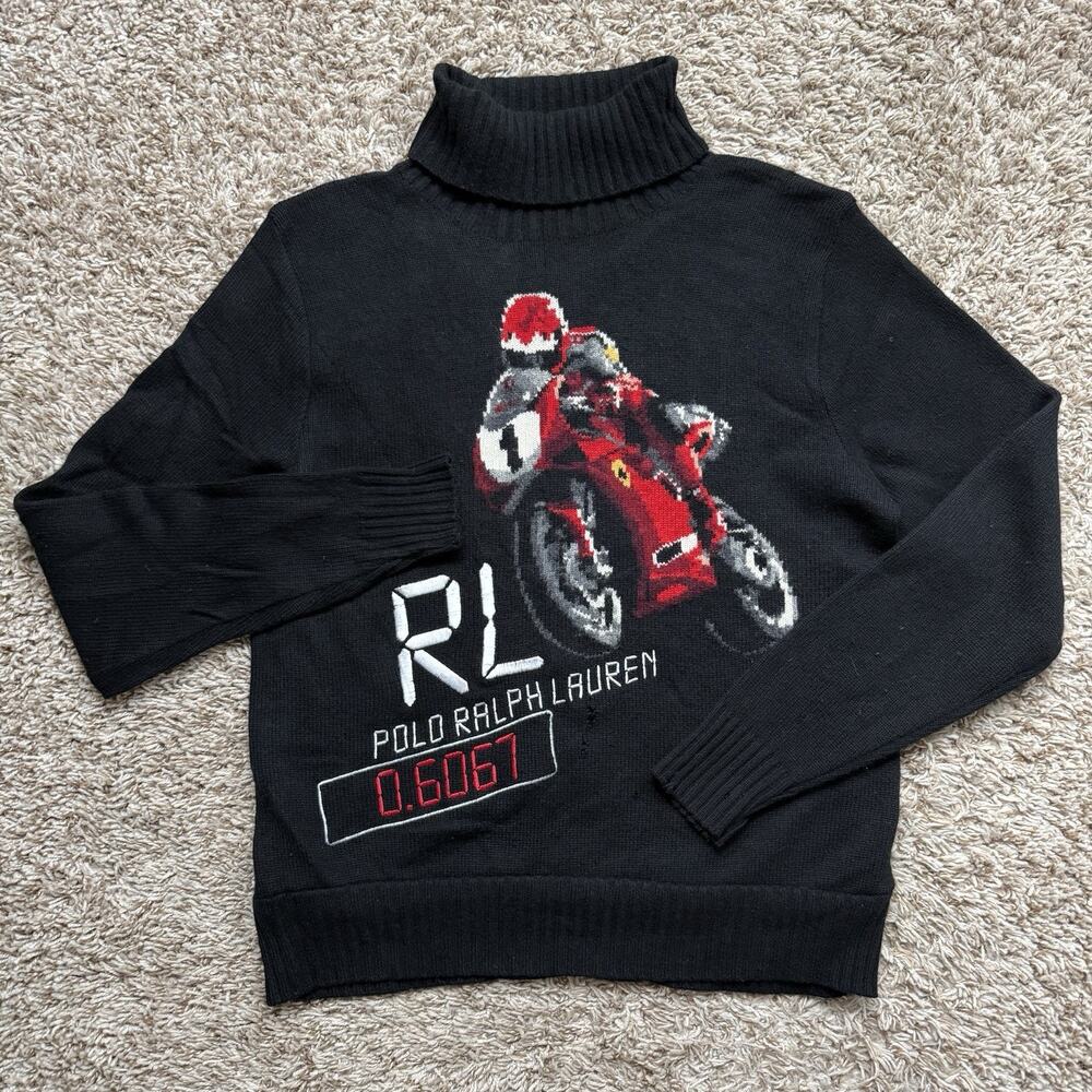 RARE Polo Ralph Lauren Motorcycle Moto Racing Black Cashmere Sweater Mens Size S